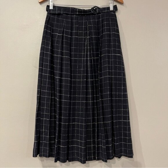 Vintage Christian Dior Linen Blend Belted Plaid Pleated Long Flowy Skirt Size 8 - Picture 1 of 14